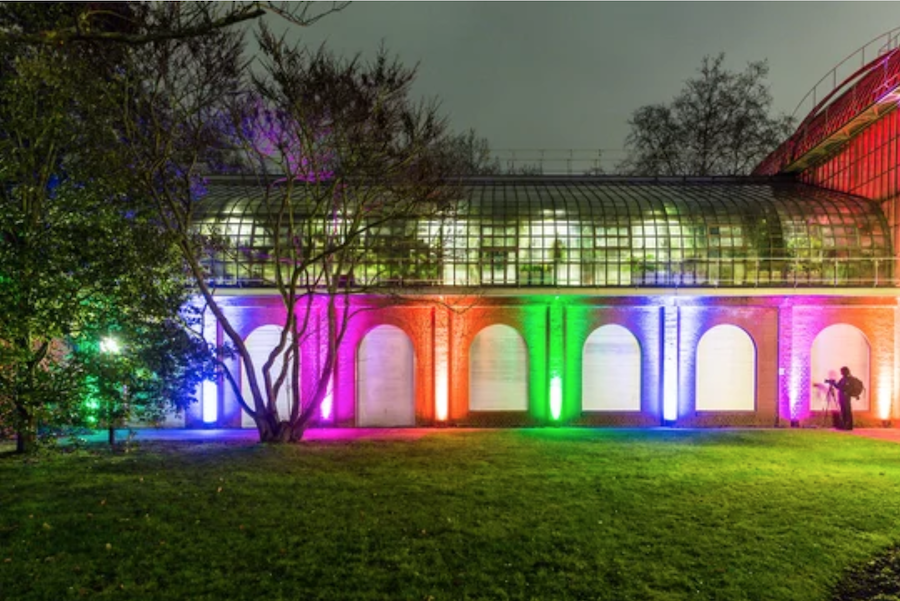 RGB-прожекторы подсвечивают стену теплицы