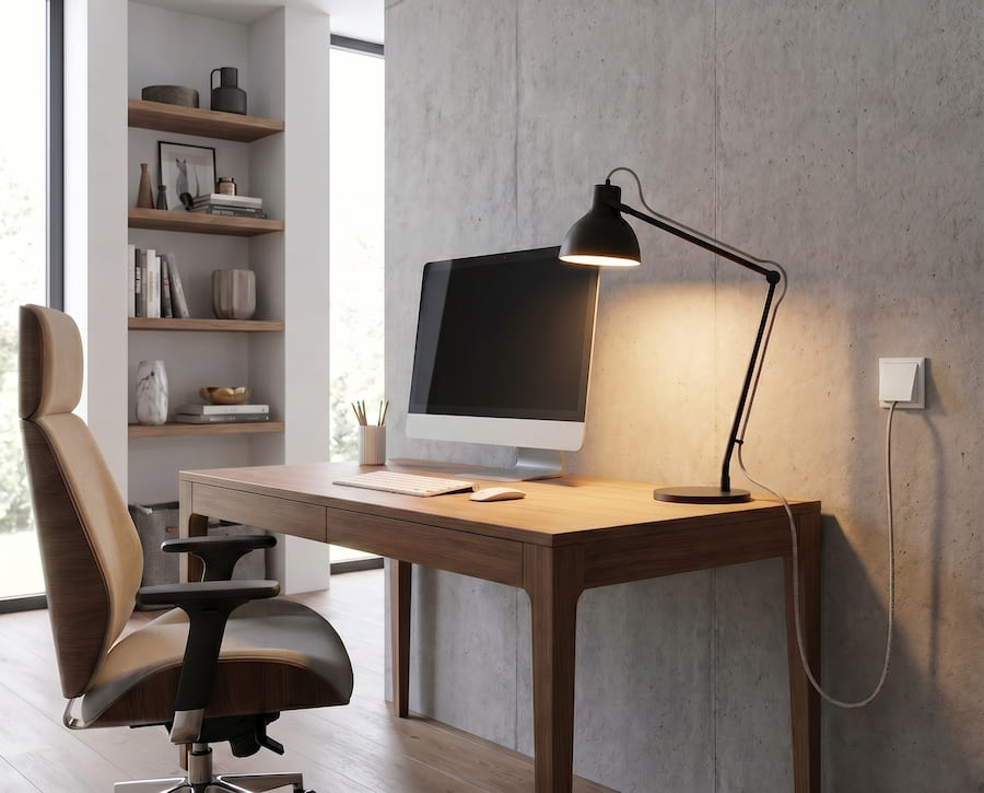 Рабочий кабинет, стол, кресло, монитор, клавиатура, мышка, настольная лампа, встроенные в нишу полки с книгами, вазочками