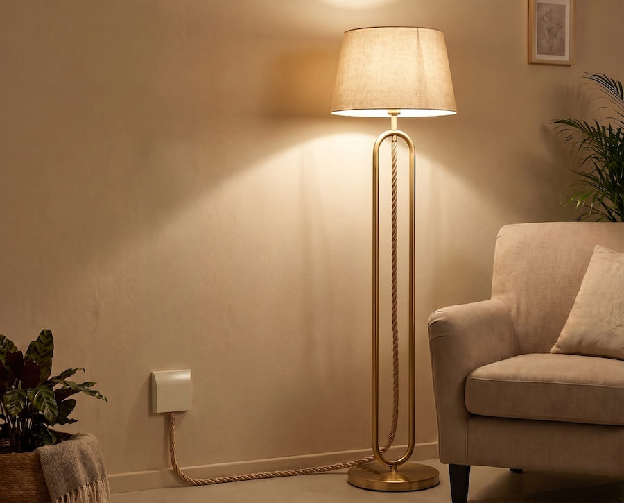 Пространство гостиной, диван, торшер с абажуром и декоративным шнуром, постер, растения в кашпо