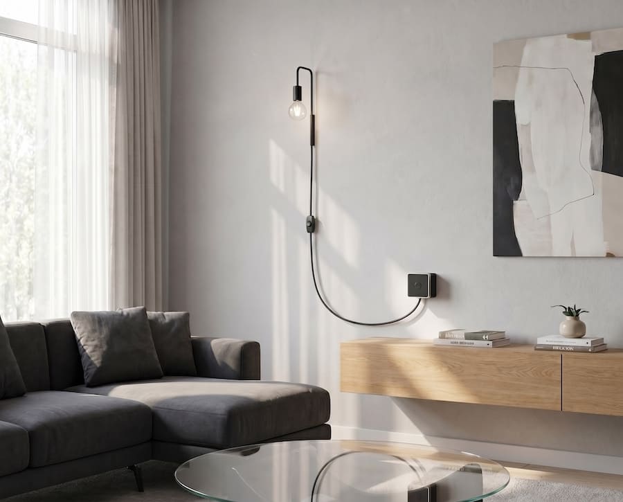 Современный интерьер комнаты, угловой диван, стеклянный журнальный столик, консоль с книгами, абстрактный постер