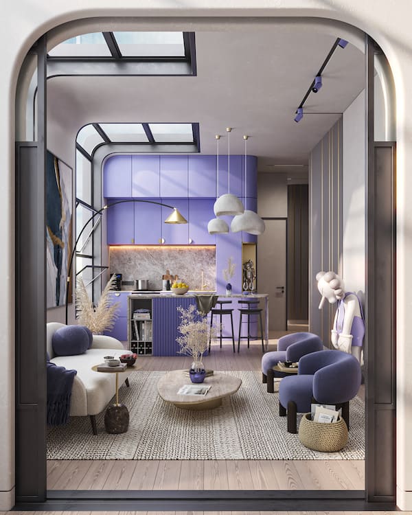 Гостиная-кухня с фиолетовой мебелью, белым диваном, фиолетовыми креслами, журнальным столиком