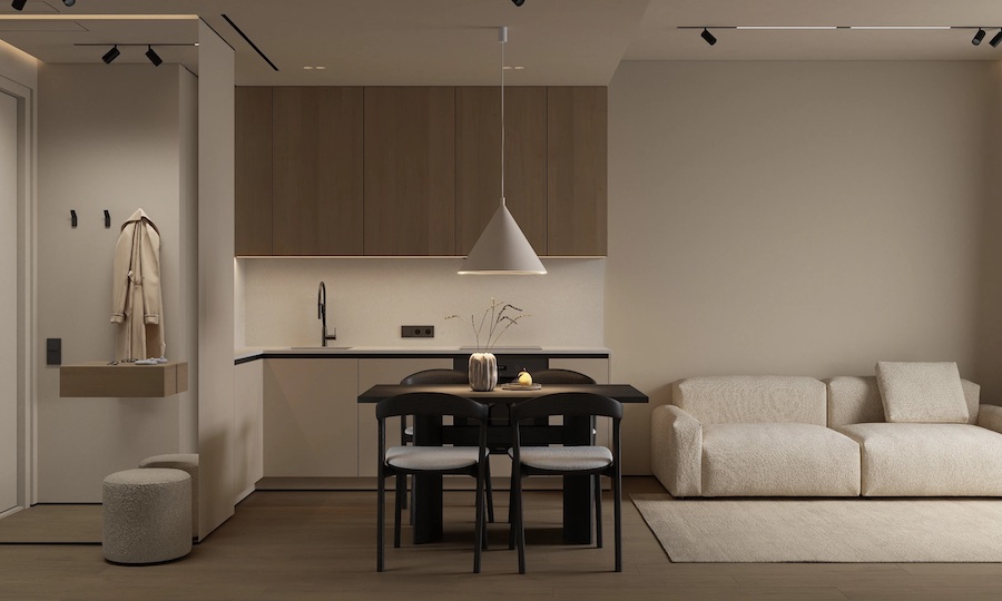 Квартира - студия, зеркало в прихожей, встроенная мебель на кухне, диван в гостиной, многоуровневое освещение