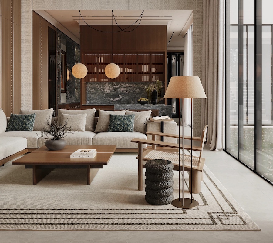 Гостиная с большими панорамными окнами, шкаф, угловой диван с подушками, журнальный стол, кресло, торшер, напольная ваза