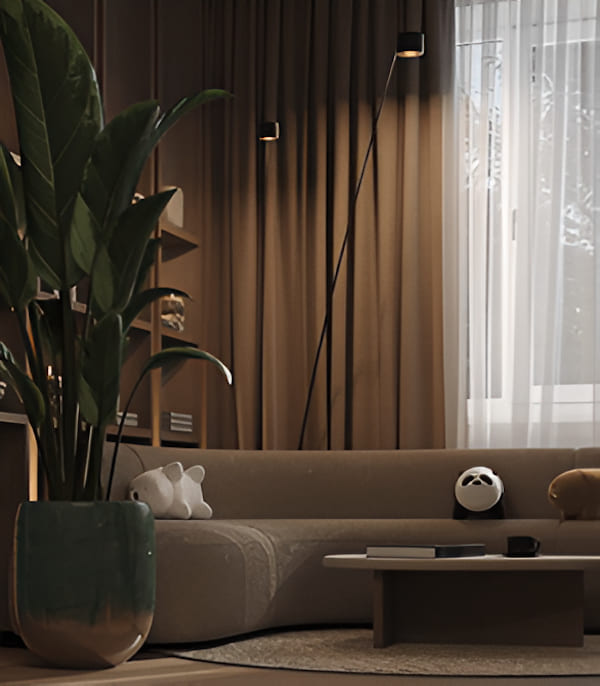 Фрагмент гостиной, диван, журнальный стол, стеллаж с книгами, торшер, растение в напольном кашпо