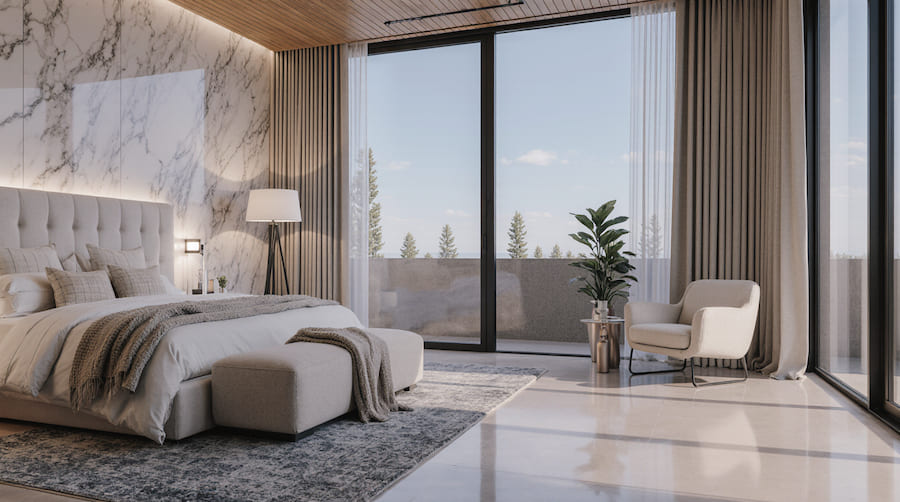 Спальня с панорамными окнами, кровать, кресло, торшер, настольная лампа, растение в напольном кашпо