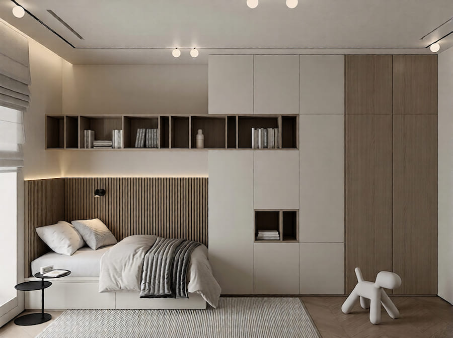 Детская комната, кровать, встроенная мебель, книжки, мягкая игрушка на полу