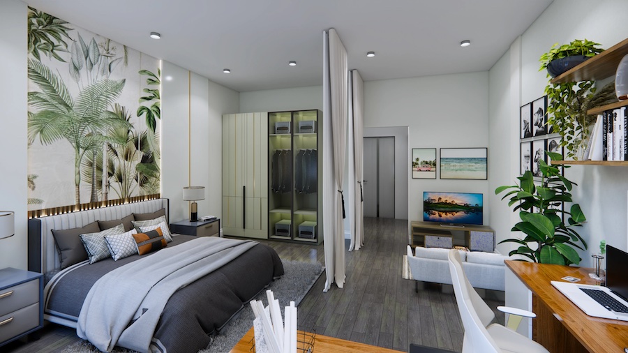 Большая комната разделена на зоны - спальня, кабинет, гостиная