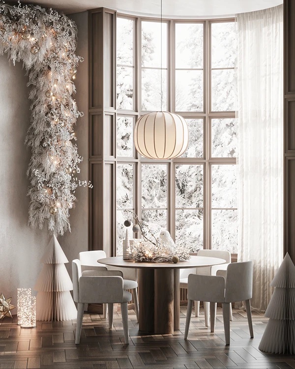 Гостиная, круглый столик, белые стульчики, новогодние светящиеся украшения