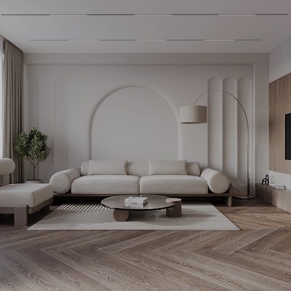 Гостиная в бежевых тонах, диван большой, диван маленький, большие картины, столик, растение в напольном кашпо, дуговой торшер