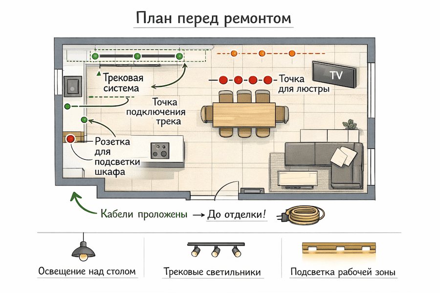 План освещения и мебели в кухне-гостиной