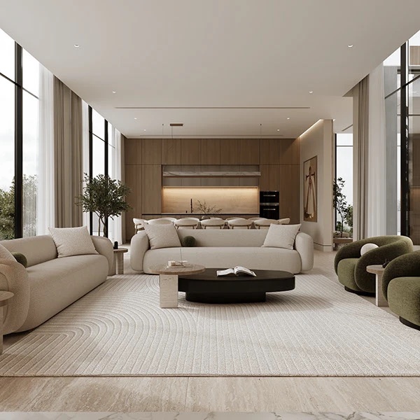 Кухня-гостиная, мягкая мебель бионической формы, два журнальных столика, обеденный стол со стульями, встроенная кухня, растения в кашпо