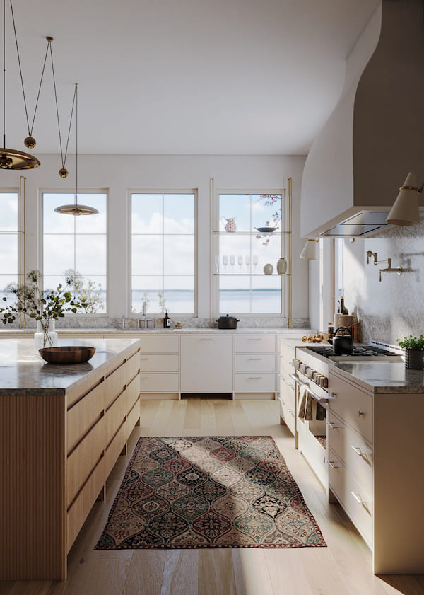 Пространство кухни, нижний ярус кухонной мебели, вытяжка, островок, подвесные светильники, точечные светильники над рабочей зоной