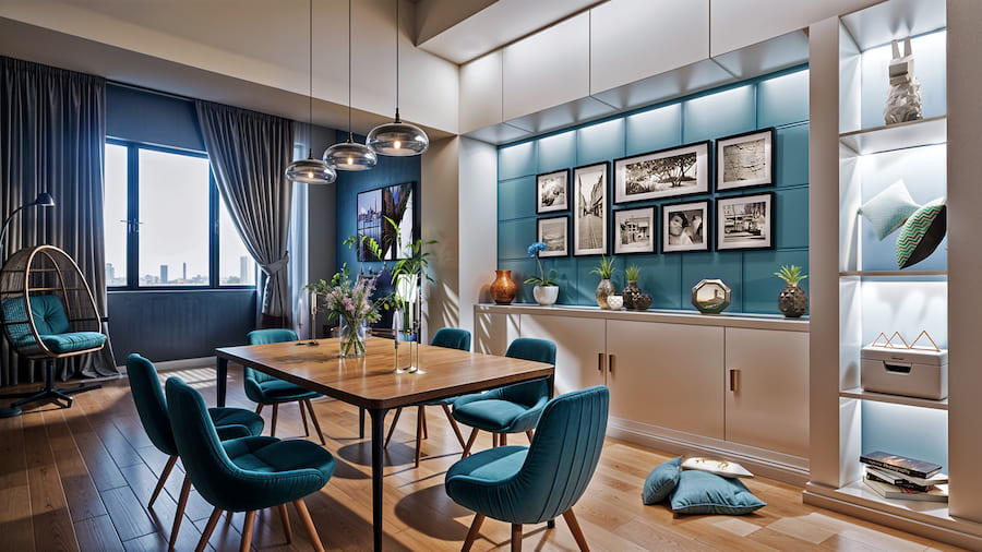 Пространство гостиной, деревянный стол, шесть мягких стульев, кресло-кокон около окна, встроенная мебель, светодиодная подсветка в нишах, много вазочек с растениями