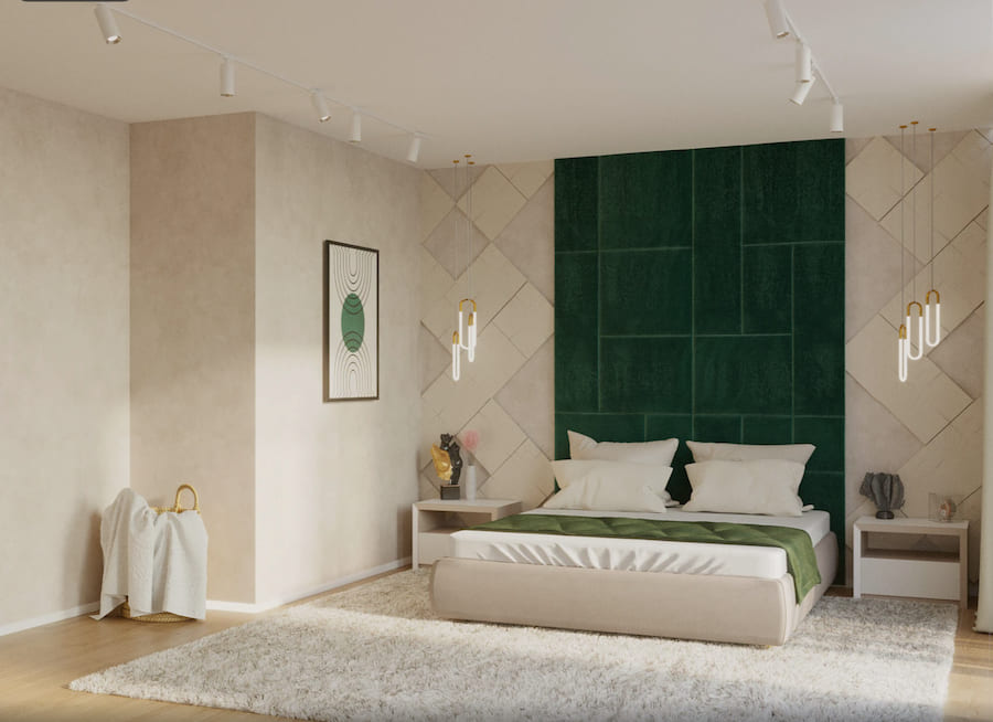 Спальня, двуспальная кровать, в изголовье зеленая стена, две тумбочки, картина на стене, корзина с полотенцем, два подвесных светильника и трековая система освещения
