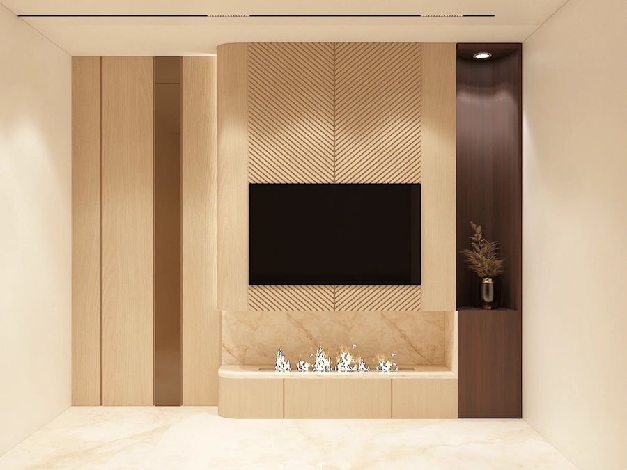 Встроенная мебель в гостиной, ТВ-панель, электрокамин, вазочка с сухоцветами