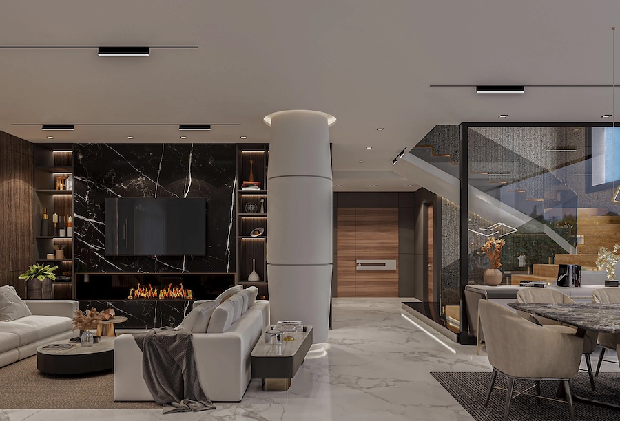 Апартаменты, зона отдыха с мягкой мебелью, встроенные ниши под свечи, книги, ТВ-панель, электрокамин, два журнальных столика, лестница на второй этаж за стекляной панелью, обеденный стол, мягкие кресла