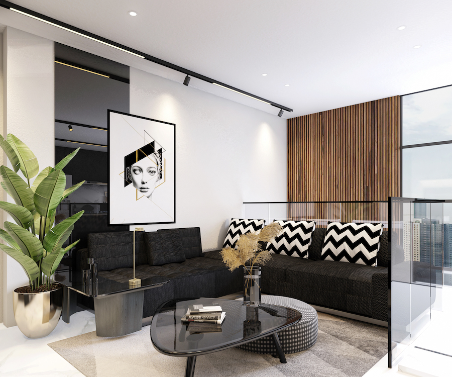 Комната в современном стиле, угловой диван с акцентными подушками, журнальные столики с глянцевыми поверхностями, растение в золотом кашпо, абстрактная картина, большое зеркало, акцентное освещение