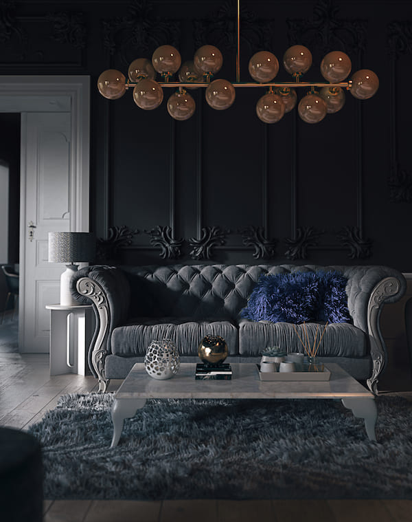Размеры помещения соответствуют предметам мебели и огромной подвесной люстре - яркому акценту в темной гостиной В интерьер в классическом стиле добавлены современные предметы: огромная люстра в форме шаров, декоративные вазочки, интерьерная лампа