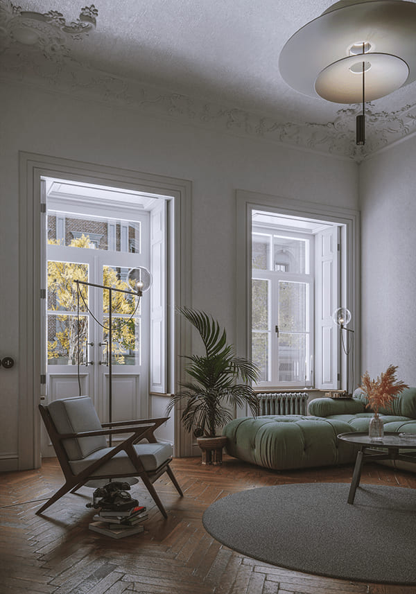 Использована единая цветовая схема для объединения разностилевых предметов Зал с лепниной, кресло с деревянными подлокотниками, винтажный телефон, книги стопкой, растение в напольном кашпо, диван с мягкими формами, журнальный столик, круглый ковер, паркет елочкой