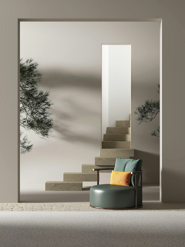 Круглое зеленое кресло с оранжевой подушкой, лестница из брусков, уходящая в нишу