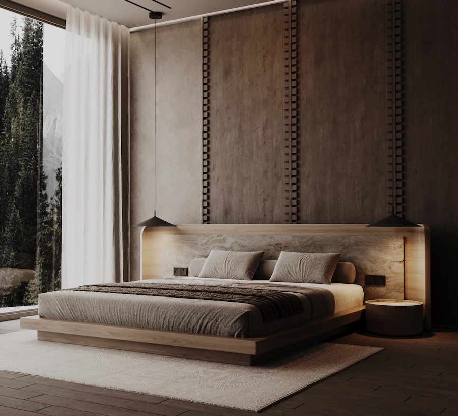 Спальня в бежево-коричневых оттенках, двуспальная кровать, деревянные панели, панорамное окно, подвесные светильники, прикроватные тумбочки