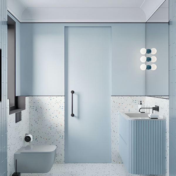 Ванная комната, тумба с раковиной, зеркало, дверь, окно, подвесной унитаз