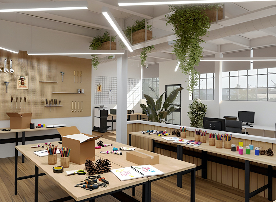 Творческая мастерская, столы, стенды, краски, альбомы, карандаши, цветы в кашпо