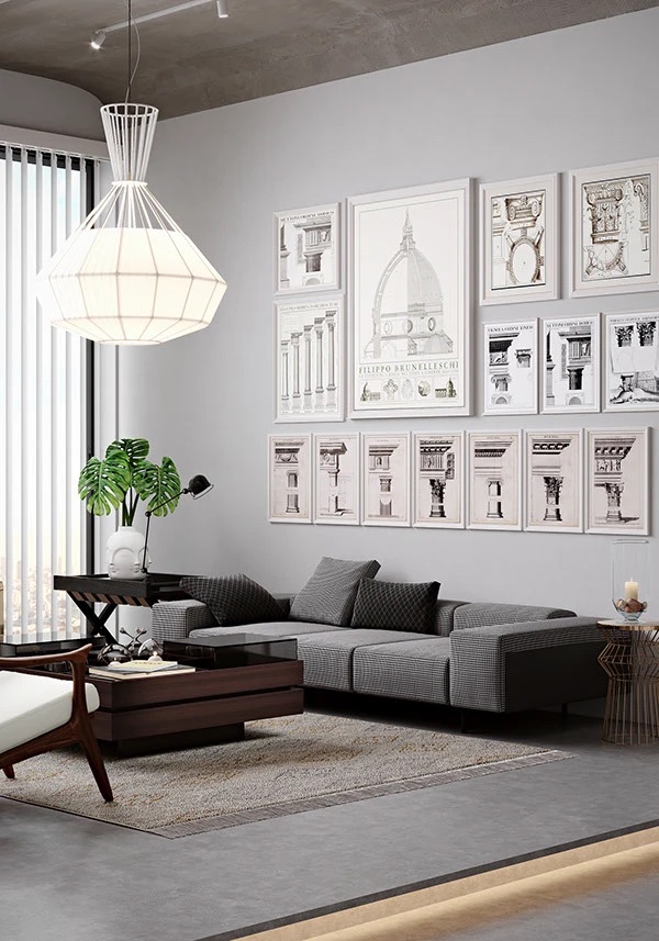 Гостиная, диван, кресло, журнальный стол, тумба с цветком в кашпо, подвесной светильник, на стене архитектурные зарисовки