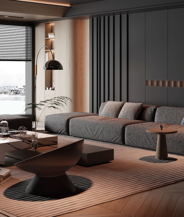 Пространство гостиной, диван, графитовая панель на стене, сферическое кресло, маленький круглый журнальный стол, торшер, большой кубический журнальный стол, ниша с книгами в стене, окно с жалюзями