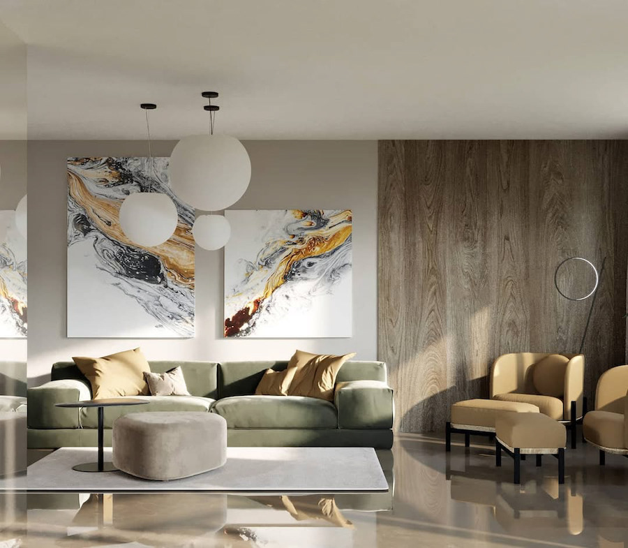 Гостиная, диван, большие картины, столик, пуфик, кресла, круглые подвесные светильники - шары