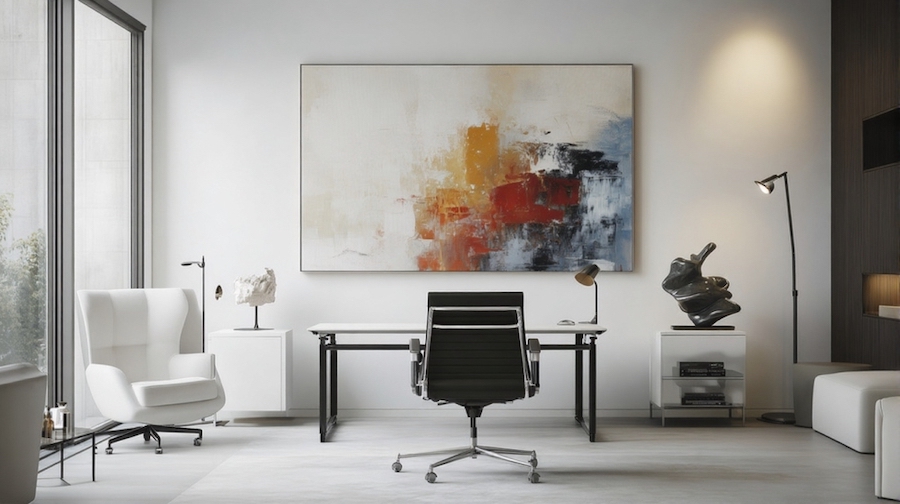 Рабочий кабинет, большая картина на стене, стол, рабочие кресла, торшер, арт объекты на тумбочках