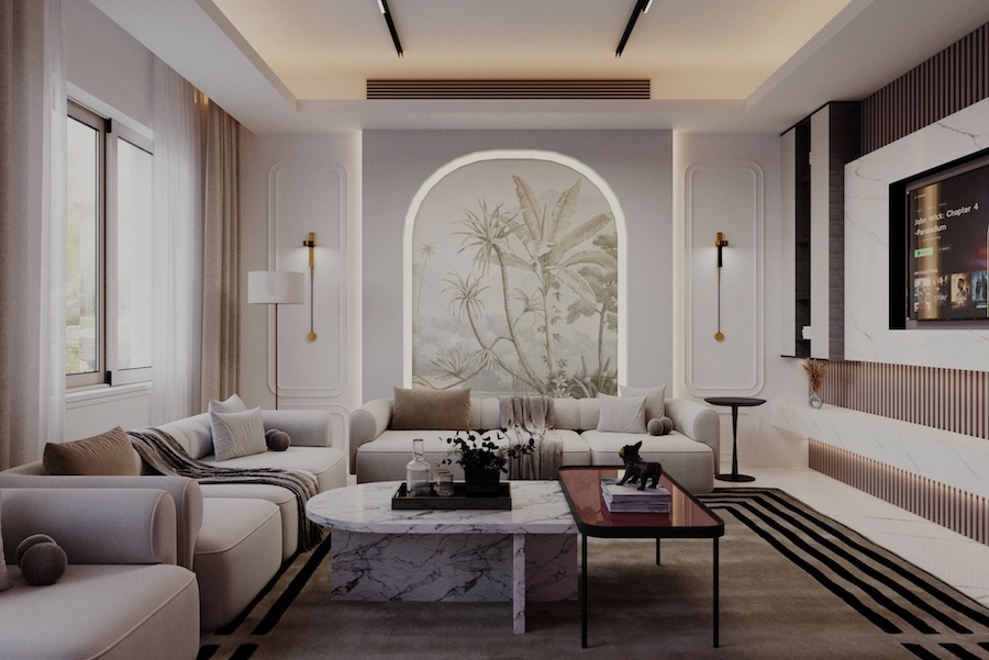 Гостиная, большая диванная группа, мраморный стол, двухуровневый потолок, растительный дизайн в нише, окно со шторами, ТВ - панель