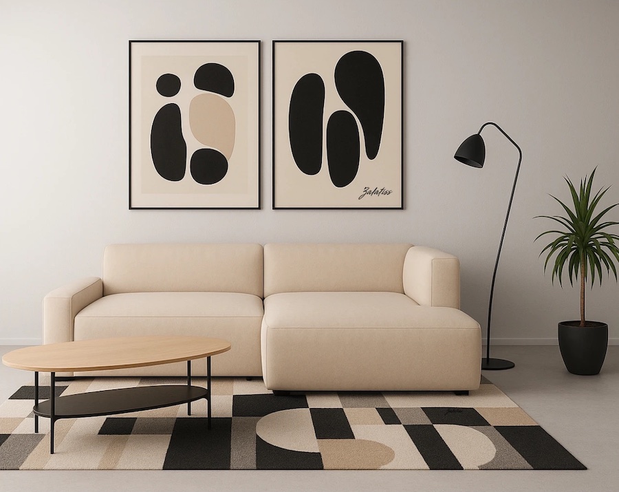 Гостиная с бежевым угловым диваном, картинами на стене, журнальным столиком, растением в кашпо, торшером