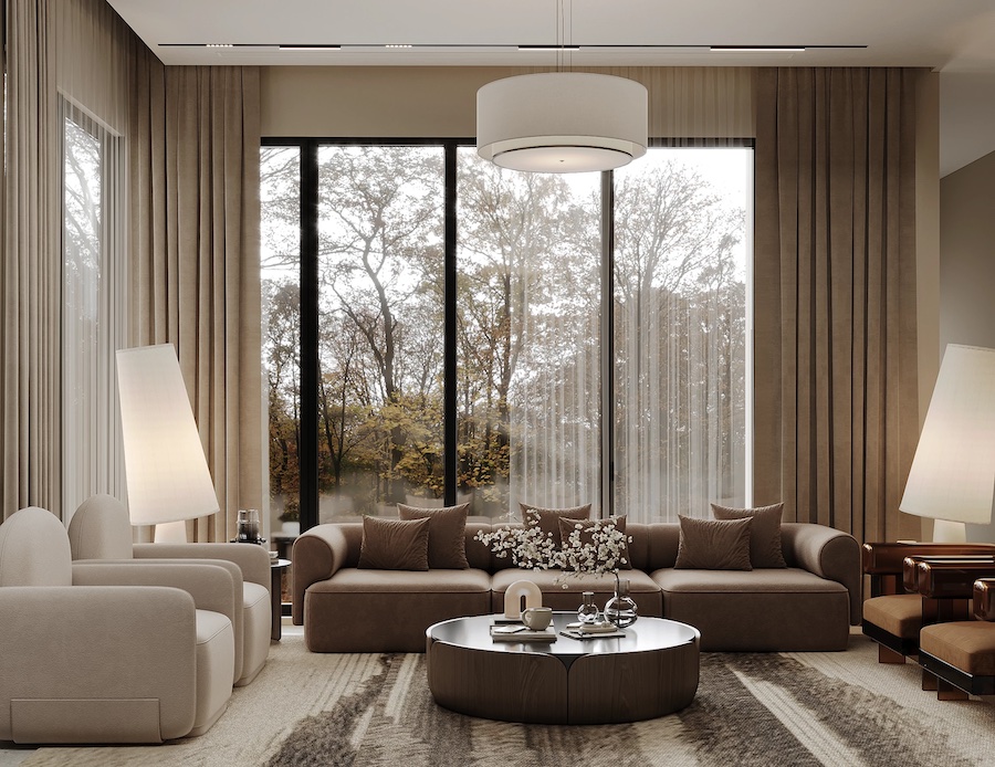 Неоклассический интерьер гостиной, панорамное окно со шторами, темный диван, светлые кресла, два торшера геометричной формы