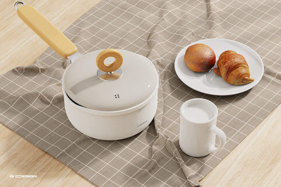 Керамическая кастрюля, круассан и стакан молока на клетчатом полотенце