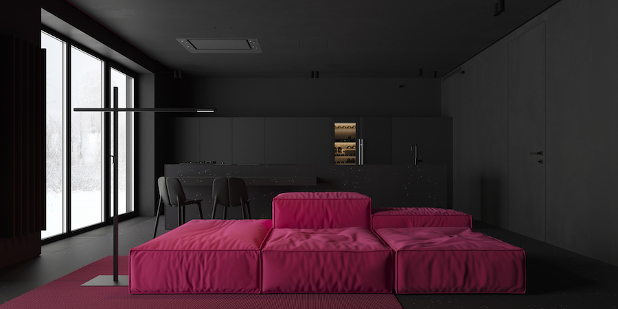 Черная гостиная с розовым диваном