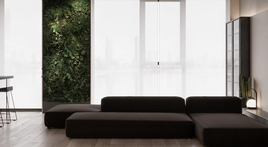 Акцент в виде стены с зелеными монохромными растениями всегда уместен в минималистичном интерьере Гостиная, большой диван, панорамные окна, стена из живых растений, шкаф со стеклянными дверцами