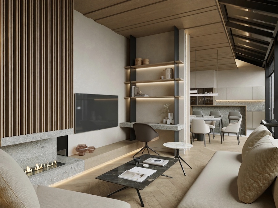 Система искусственного освещения в минималистичном интерьере должна быть невидимой, но при этом максимально функциональной Пространство гостиной-кухни, электрокамин, деревянная панель на стене, мягкая мебель, ТВ-панель, журнальный столик, встроенная столешница рабочего стола, полки с вазами, встроенная кухня с обеденнной группой