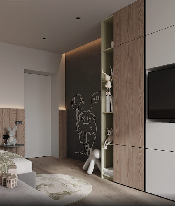 Для детской выбрана встроенная мебель с чистыми линиями, простыми формами, позволяющая иметь все необходимое, не перегружая пространство Детская с встроенной мебелью, стеной для рисования, мягкими игрушками