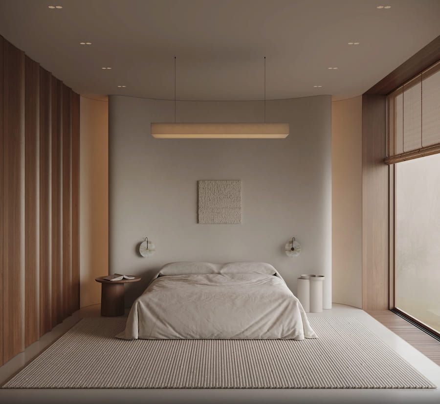 Текстурированные поверхности бра имитируют природный камень, добавляя тактильности визуальному образу Пространство спальни, кровать, панорамные окна, тумбочки, большой светильник, бра, деревянные панели на стене, ковер на полу, квадрат с текстурой штукатурки над изголовьем