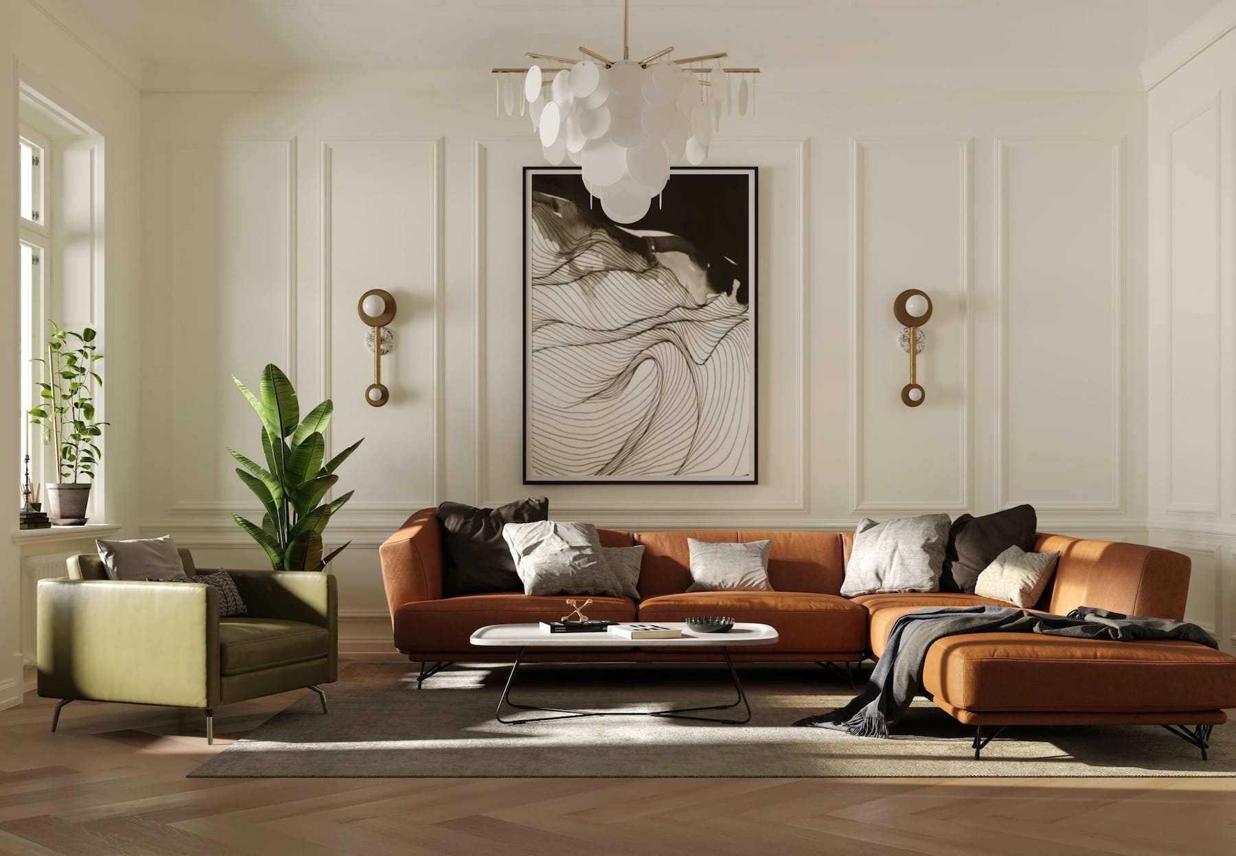 Материалы бра - дерево в сочетании со стеклом создают тёплый, гостеприимный образ в гостиной Пространство гостиной, угловой диван, кресло, большая картина на стене, растение в напольном кашпо