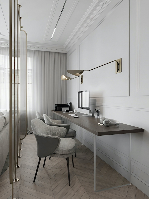 Металлические бра отлично зонируют пространство, блеск приглушен матовой или сатинированной обработкой Зонированное рабочее пространство, стол, монитор, канцелярские принадлежности, наушники, принтер, три мягких стула