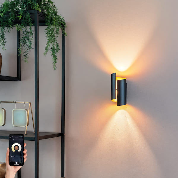 Современные бра — это не просто красивые предметы, но и высокотехнологичные устройства с умными функциями, которые делают использование освещения максимально комфортным Умное бра, рука со смартфоном, этажерка с цветами