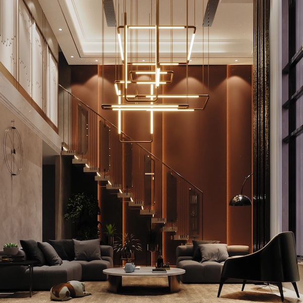 Второй свет, огромная подвесная люстра, лестница на второй этаж, мягкая мебель, журнальный стол, собака