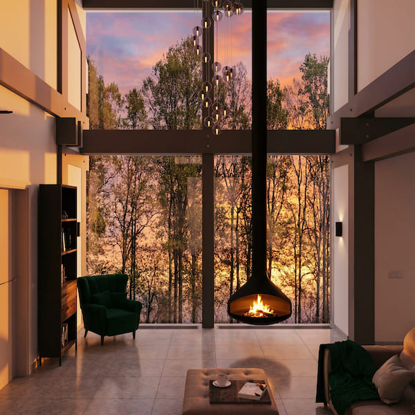 Гостиная с высокими потолками, панорамные окна, шкаф, диван, кресло, пуф, круглые подвесные светильники-шары