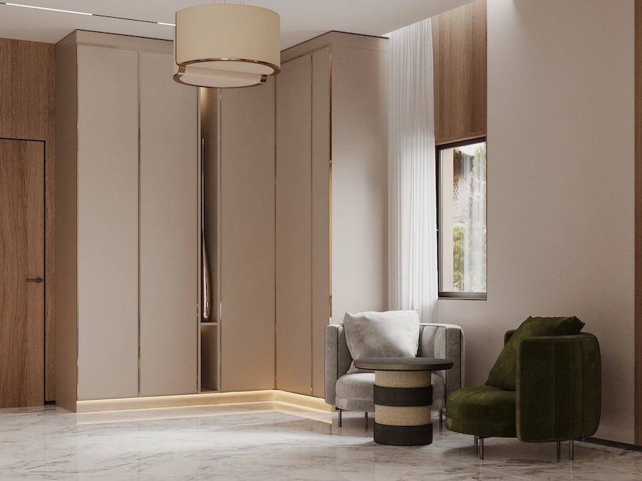 Холл, мягкие кресла-пуфы, трековые светильники и люстра