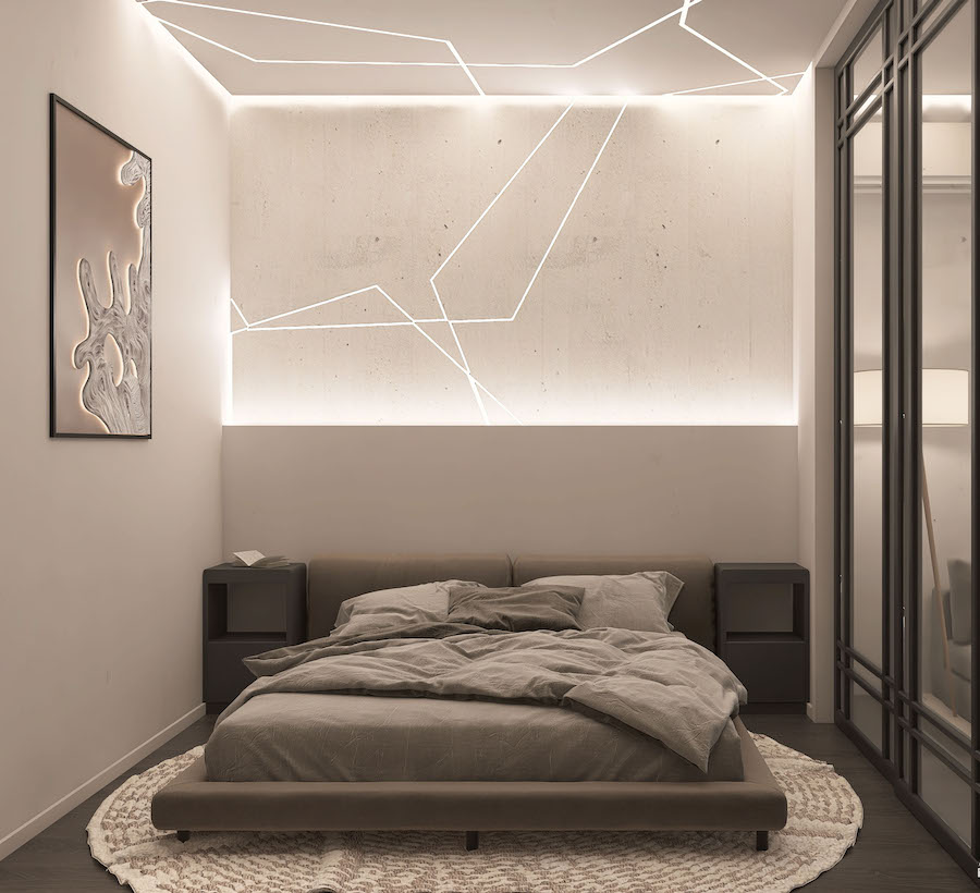 Комната подростка,асимметричная подсветка LED лентой, кровать, встроенный шкаф, картина с подсветкой на стене