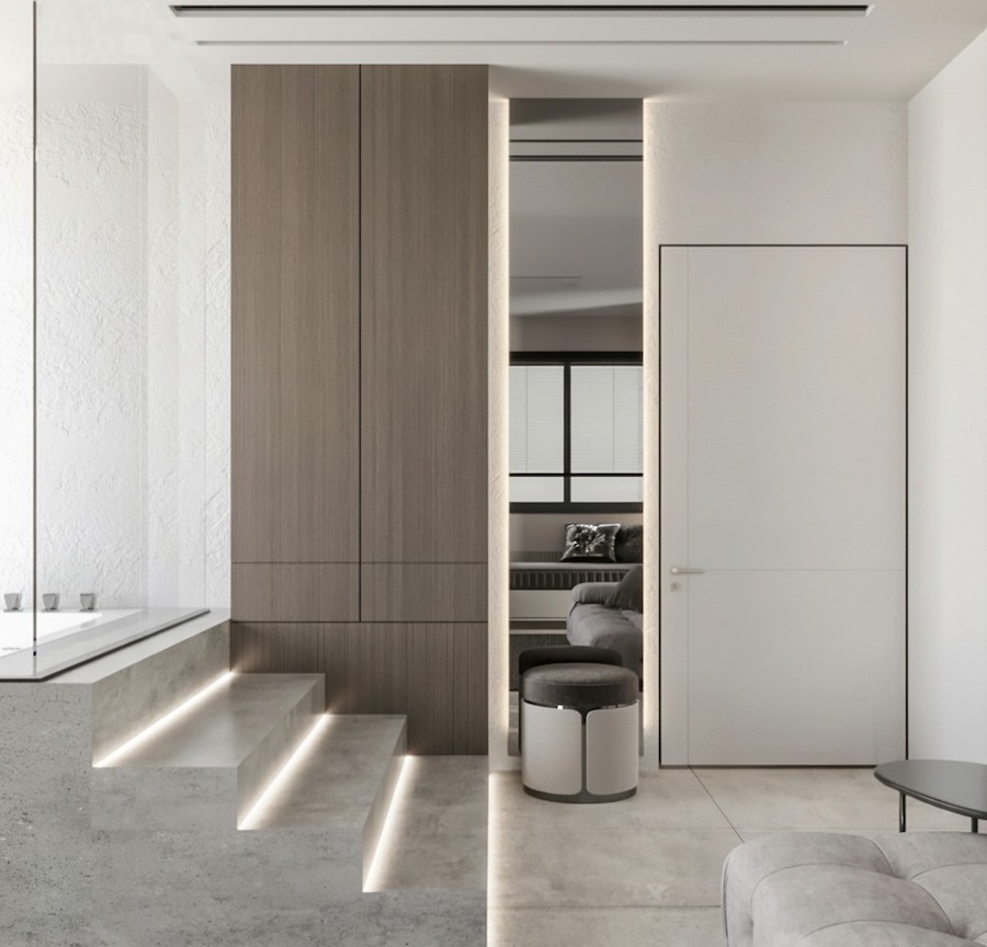 Пространство ванной, лестница с подсветкой к душевой, дверь, зеркало, шкаф, диван, журнальный столик