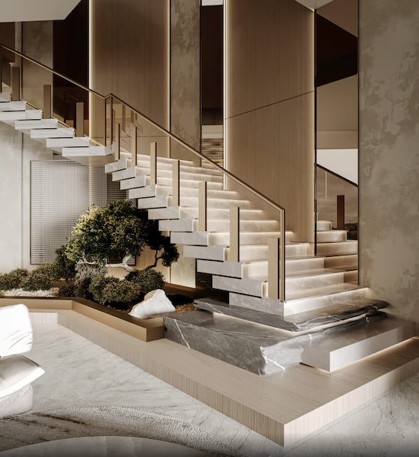 Холл, лестница из камня, стекляное ограждение, бонсай, кусты, камни