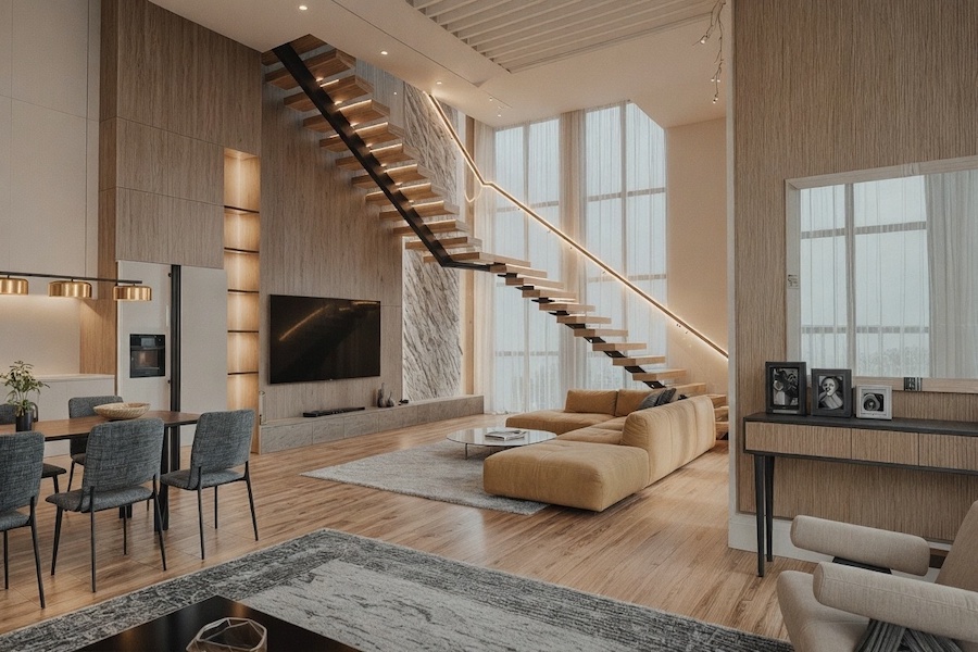 Пространство гостиной-кухни, мягкий уголок, ТВ-панель, встроенная кухня, обеденный стол со стульями, угловая лестница со стеклянным ограждением